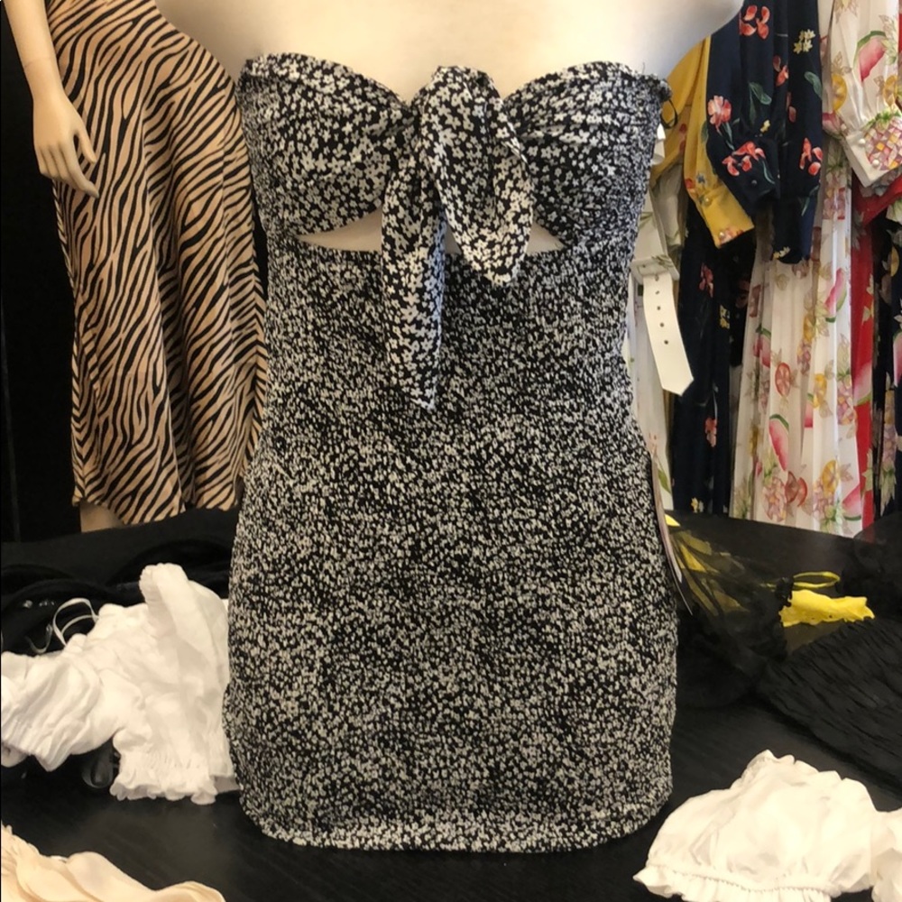 Strapless tie up smocked mini dress.